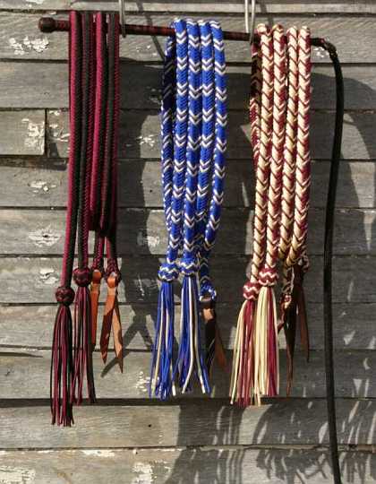 Photos 063-1.jpg - Different colour combinations of the parachute cord reins. 12 plait